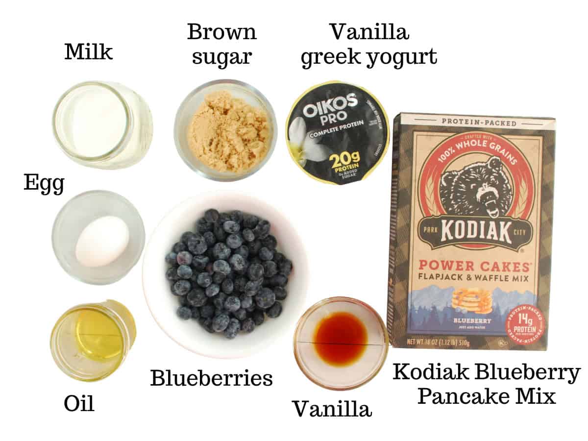 Milk, brown sugar, greek yogurt, Kodiak Cakes, egg, oil, blueberries, and vanilla.