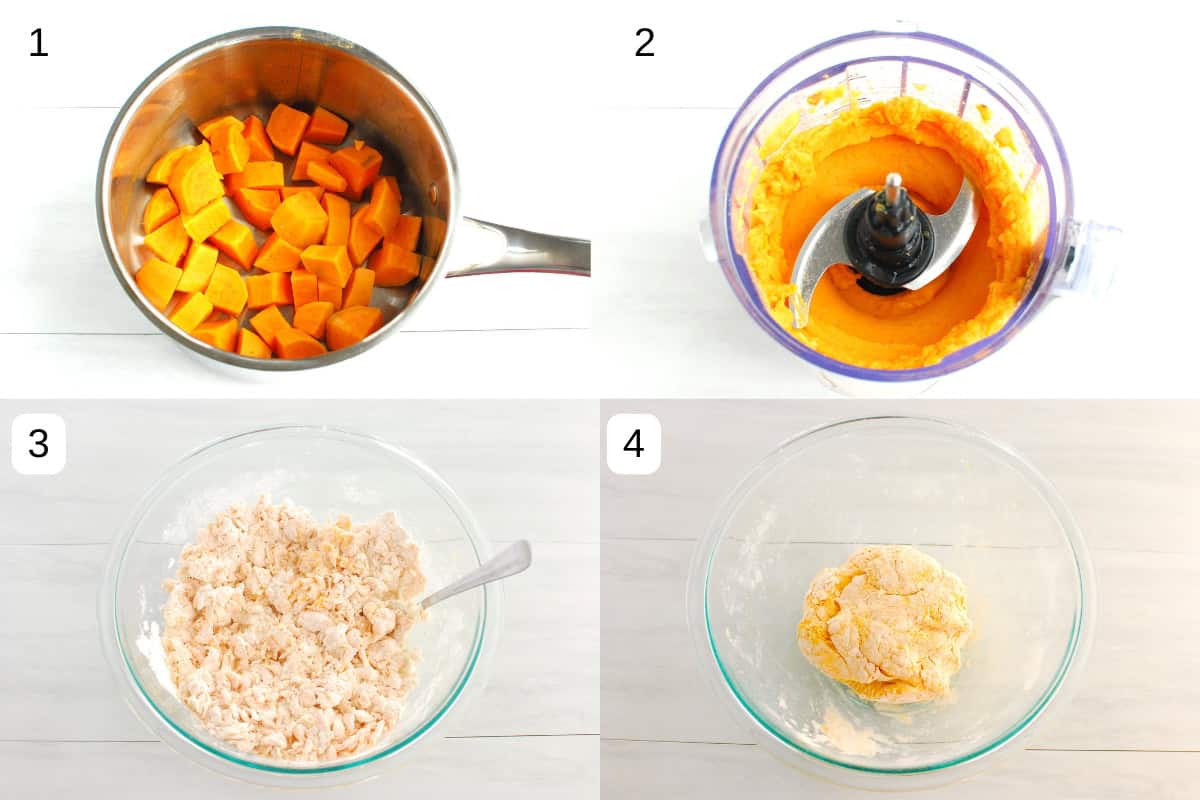 A collage of sweetpoatoes in a pot, then pureed, then mixed with self-rising flour and greek yogurt, then kneaded into dough.