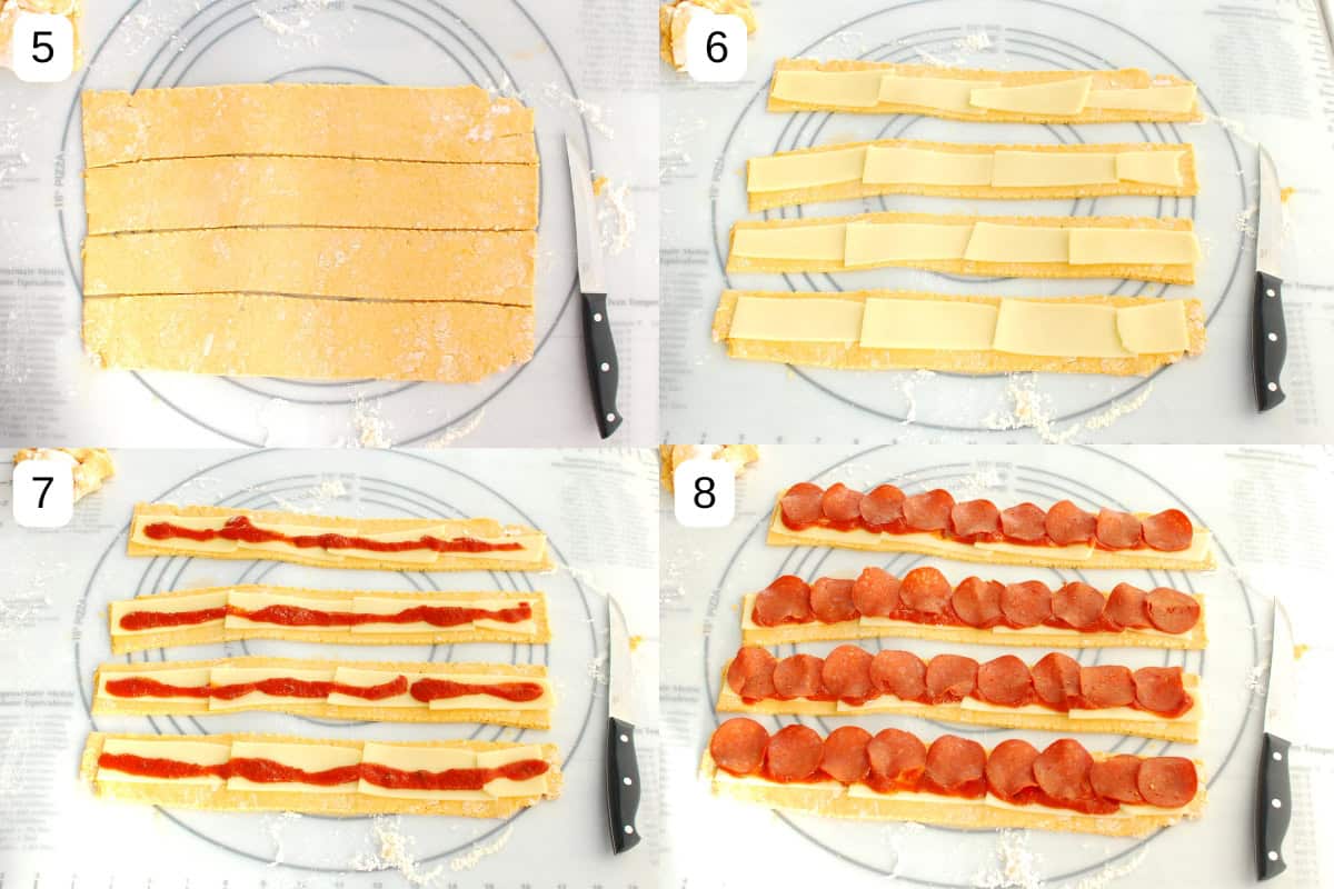 A collage of the dough rolled out and cut into strips, then layered with mozzarella, then drizzled with pizza sauce, then topped with pepperoni.