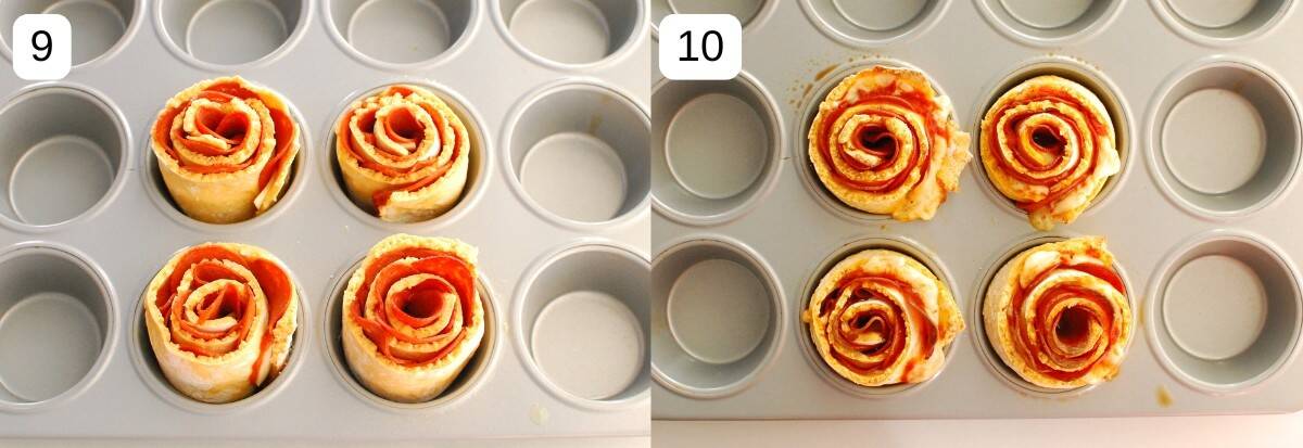 A collage of uncooked pizza roses in a muffin tin, then the cooked version in the muffin tin.