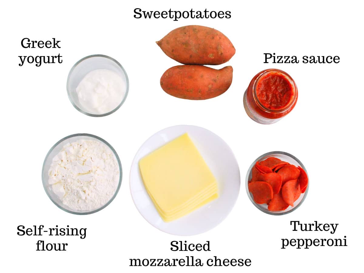 Sweetpotatoes, self-rising flour, greek yogurt, pizza sauce, mozzarella cheese, and turkey pepperoni.