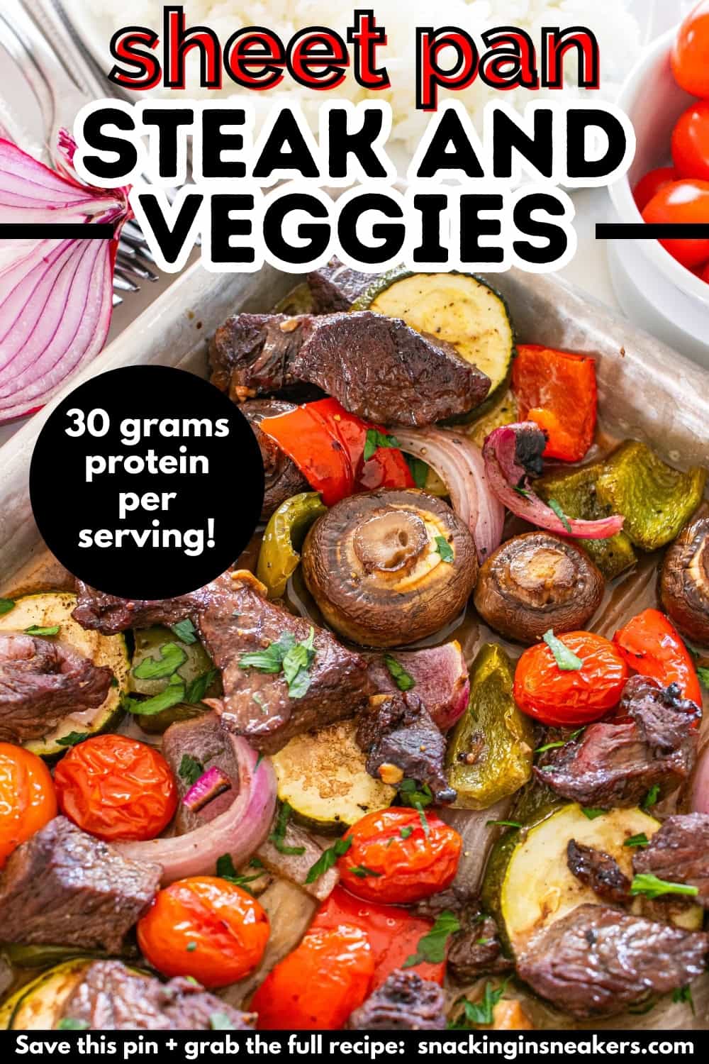 A closeup of roasted steak and vegetables on a sheet pan with a text overlay with the name of the recipe.