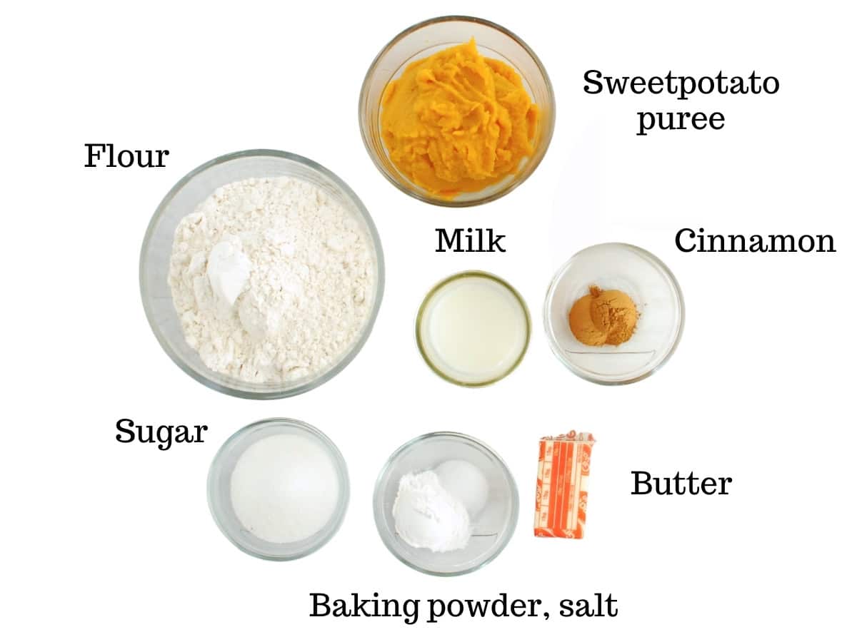 Sweet potato puree, flour, sugar, baking powder, salt, butter, cinnamon, and milk.