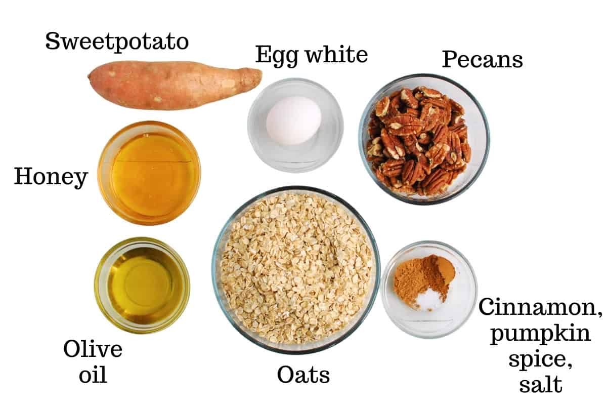 Sweetpotato, egg, pecans, honey, oil, oats, cinnamon, pumpkin spice, and salt.