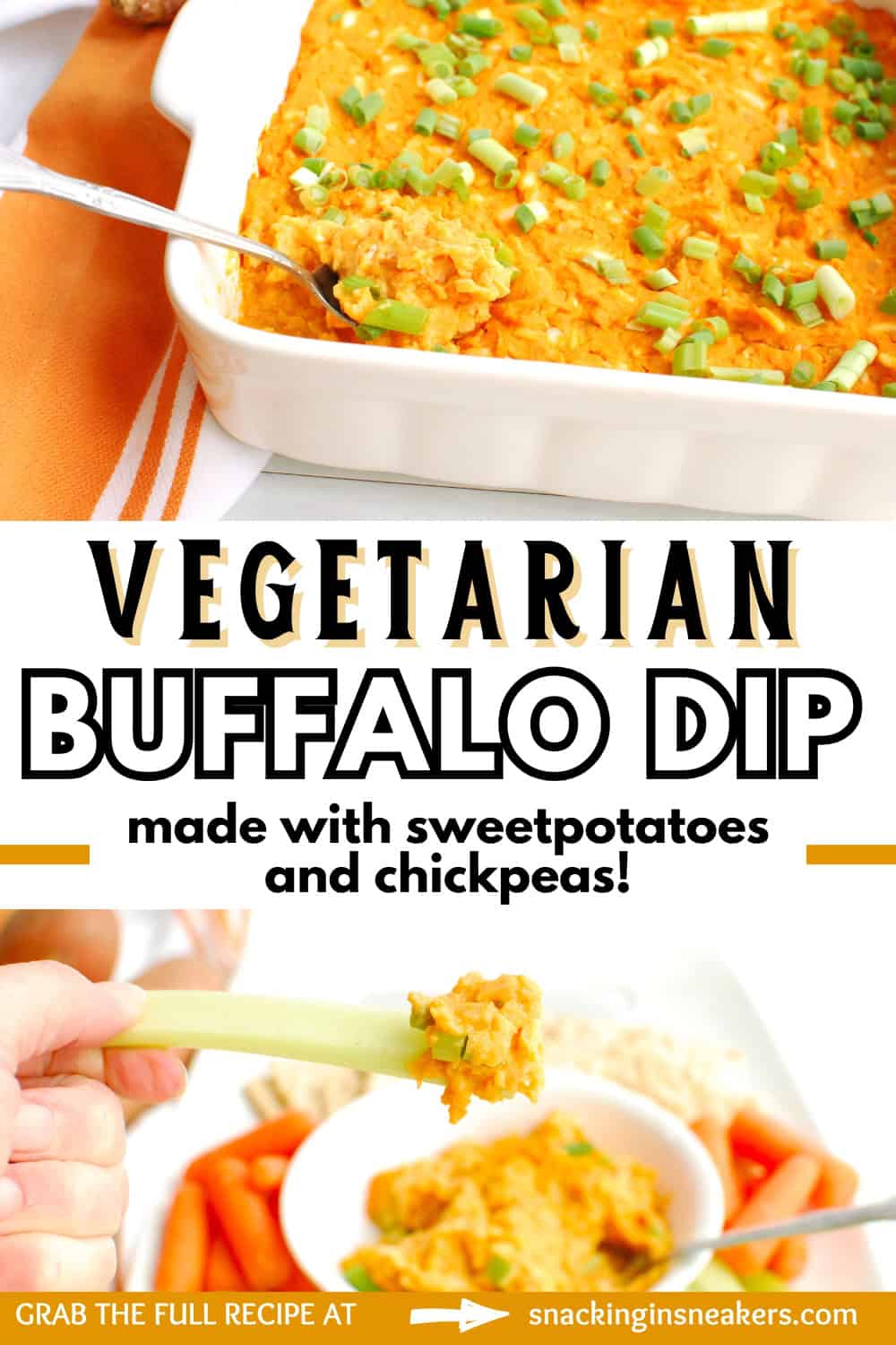 A collage of a casserole dish of vegetarian buffalo dip along with a celery stick scooping up some buffalo dip, with a text overlay with the name of the recipe.