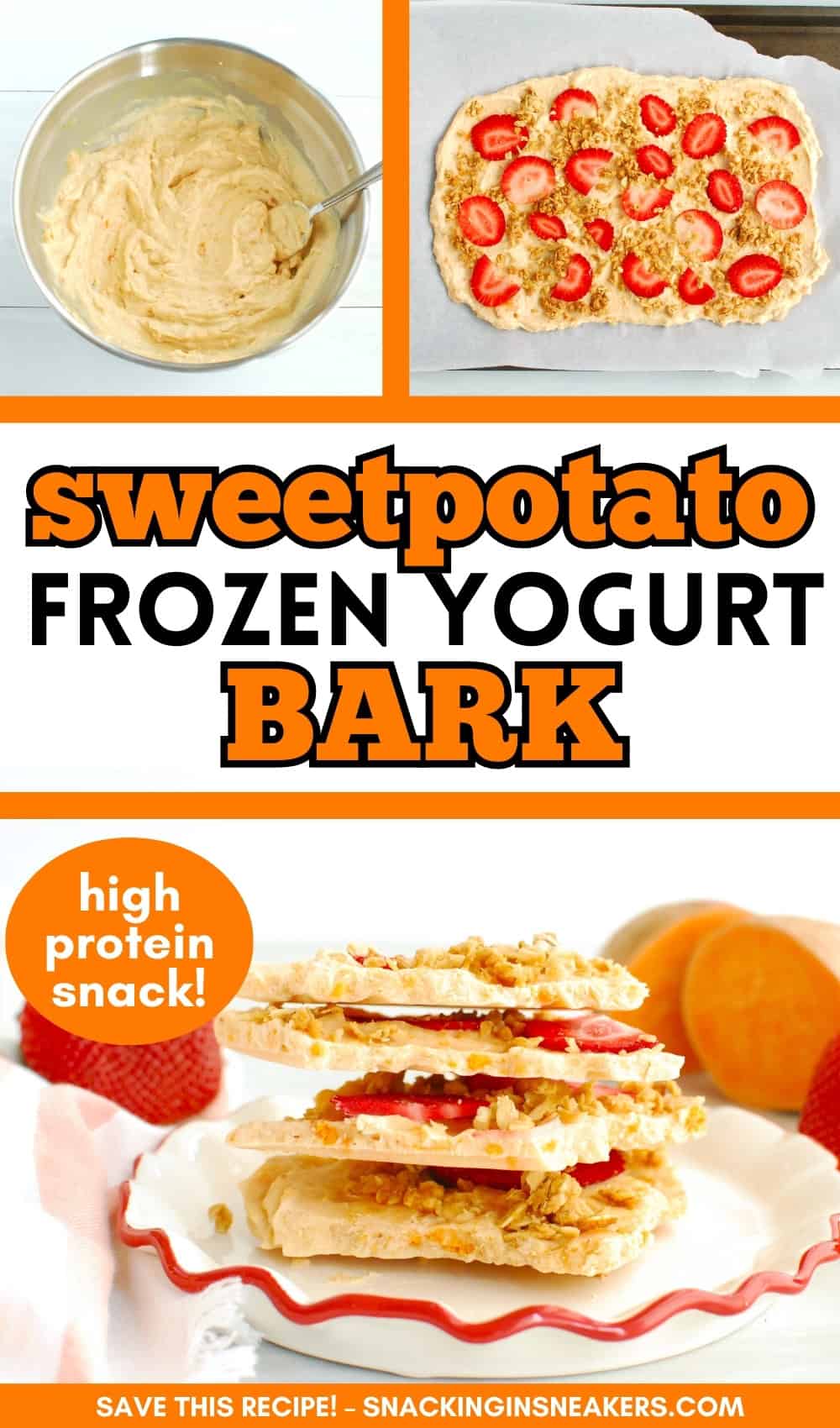 A collage of a yogurt mixture, yogurt bark on a baking sheet, and broken pieces of yogurt bark, with a text overlay with the recipe name.
