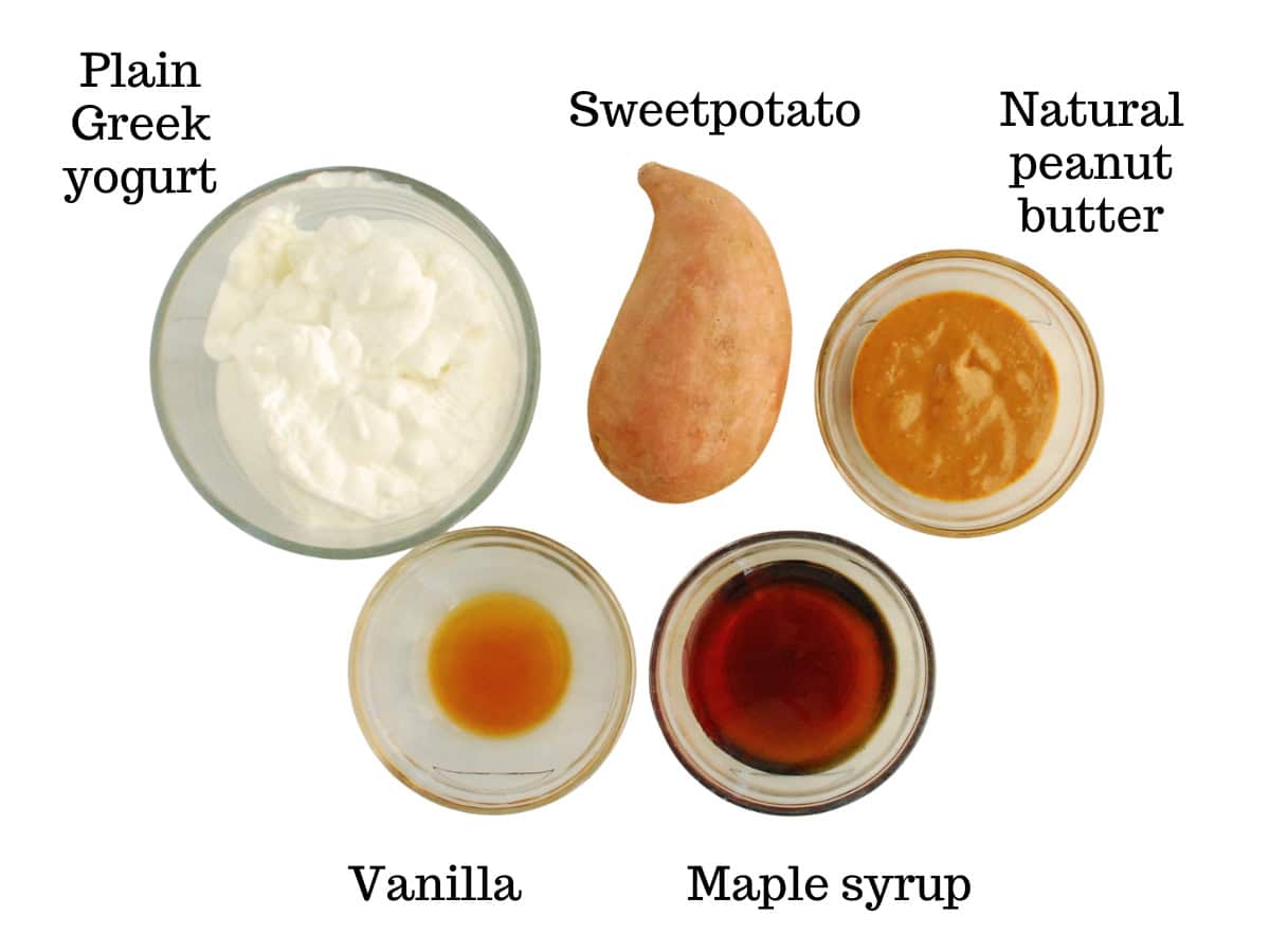Yogurt, sweetpotato, peanut butter, vanilla, and maple syrup.