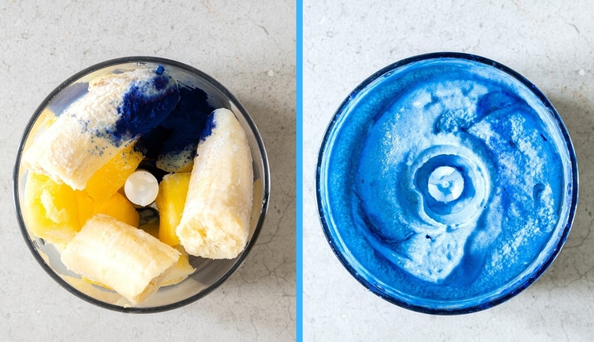A collage of ingredients put in a mini food processor, then ingredients blended together.