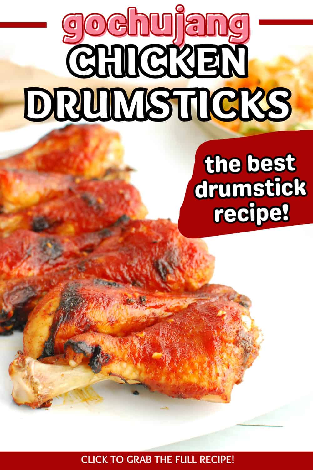 A platter full of gochujang chicken drumsticks with a text overlay with the name of the recipe.