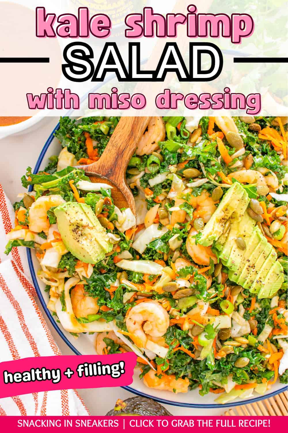 A kale shrimp salad in a bowl with a text overlay with the name of the recipe.