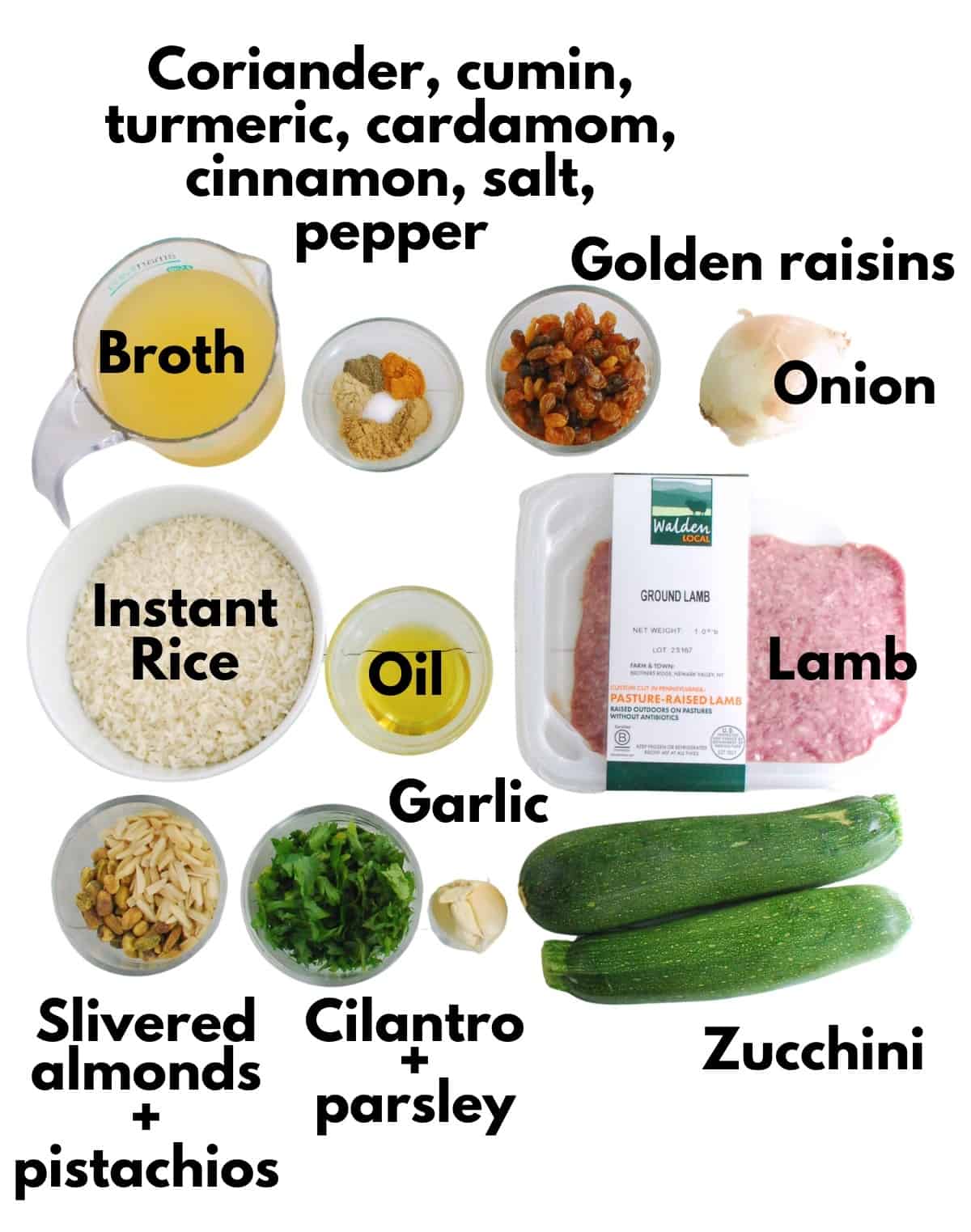 All of the ingredients for the recipe on a white backdrop.