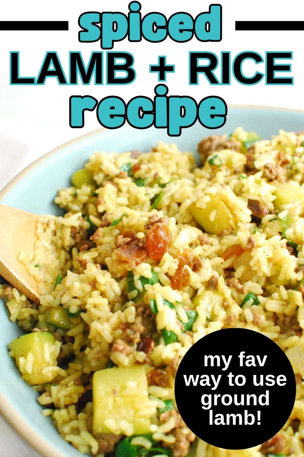 A bowl of spiced lamb, rice, and zucchini, with a text overlay with the name of the recipe.