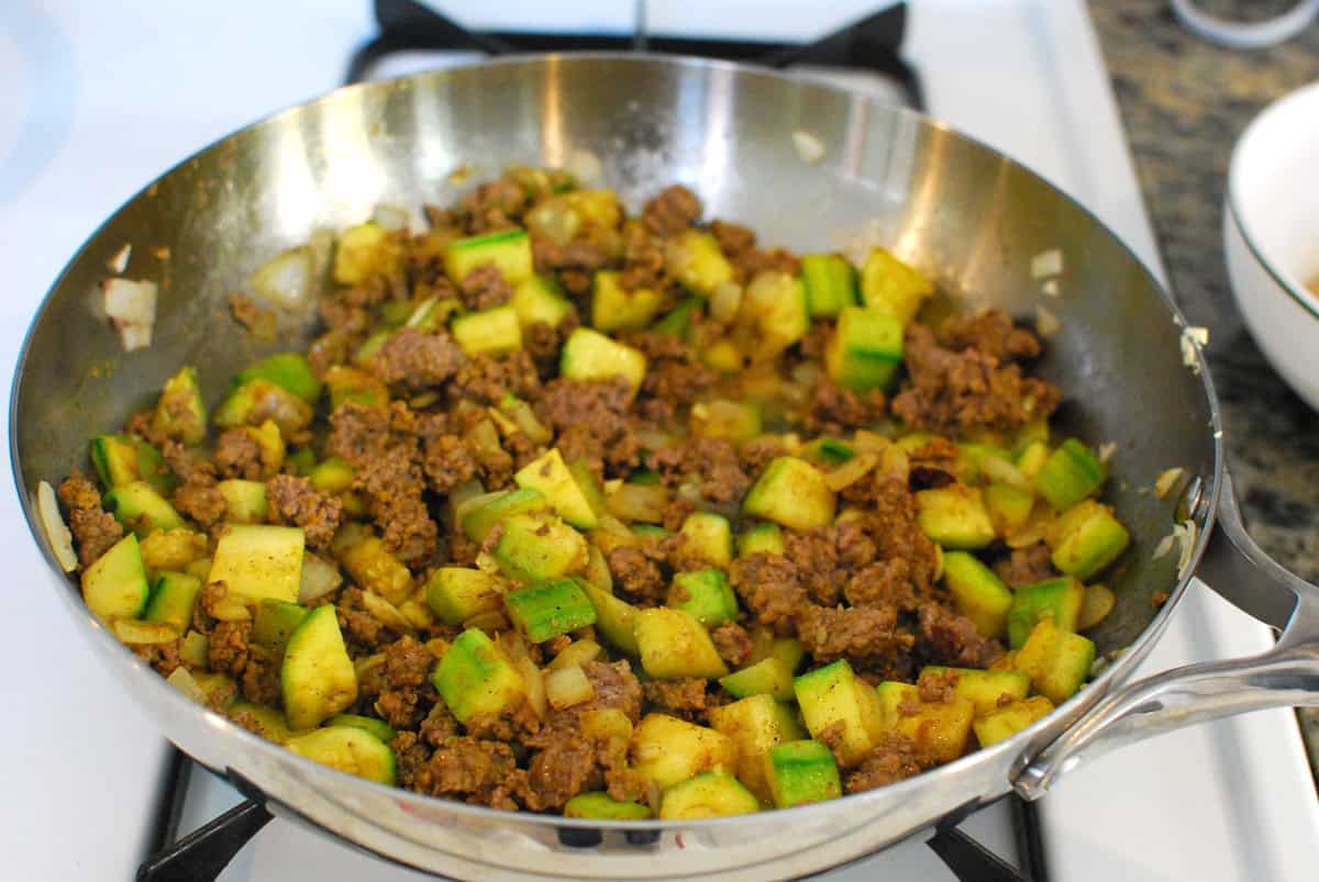 Lots of seasonings added to the skillet.