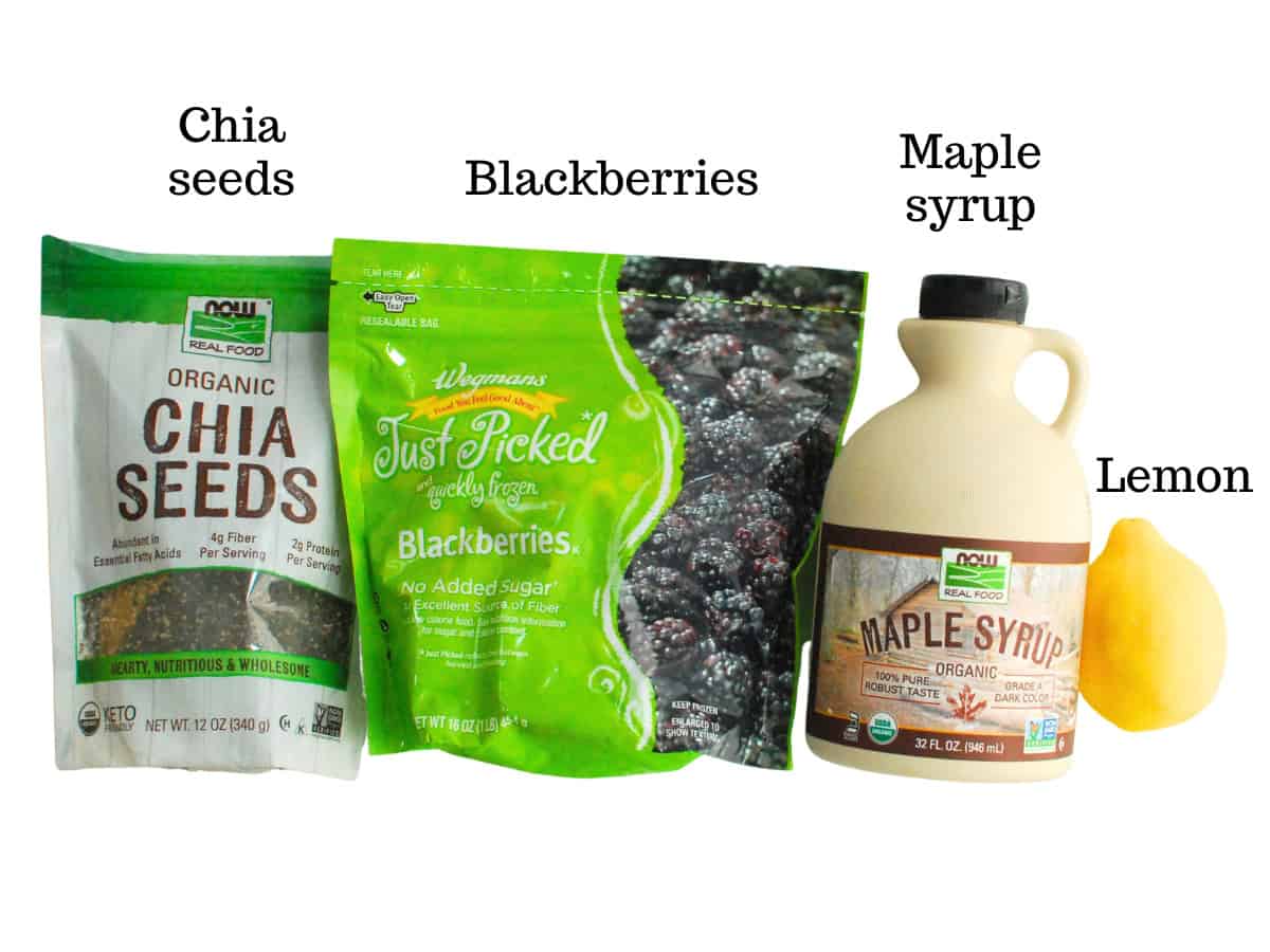 Chia seeds, blackberries, maple syrup, and lemon.