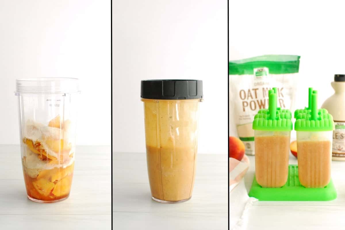 A collage showing the process of making popsicles, starting with the ingredients in a blender cup, then the blended ingredients, then the popsicle molds.