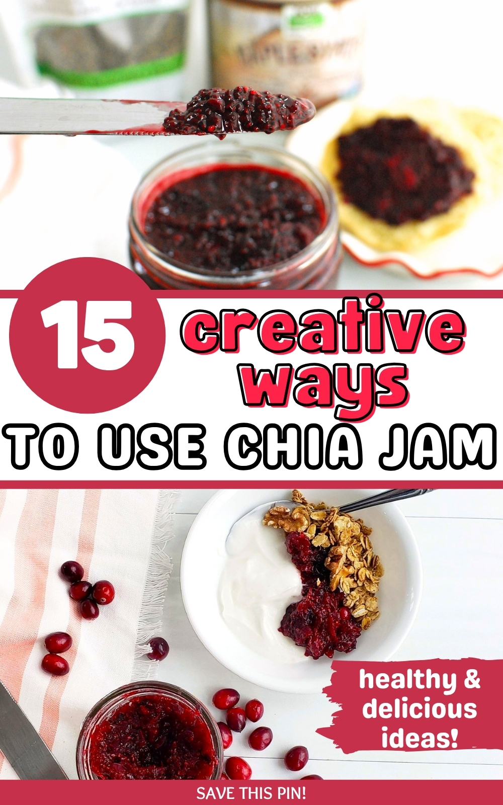 A collage of chia jam being scooped out of a jar, and chia jam in a yogurt bowl, with a text overlay that says 15 creative ways to use chia jam.