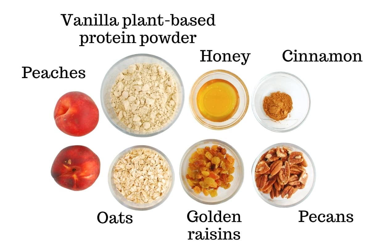 Peaches, protein powder, honey, cinnamon, oats, golden raisins, and pecans.
