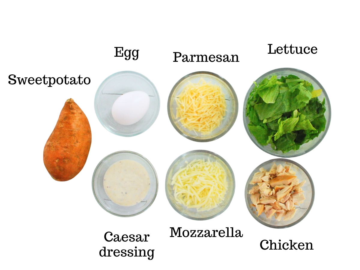 Sweetpotato, egg, parmesan, lettuce, chicken, mozzarella, and caesar dressing.