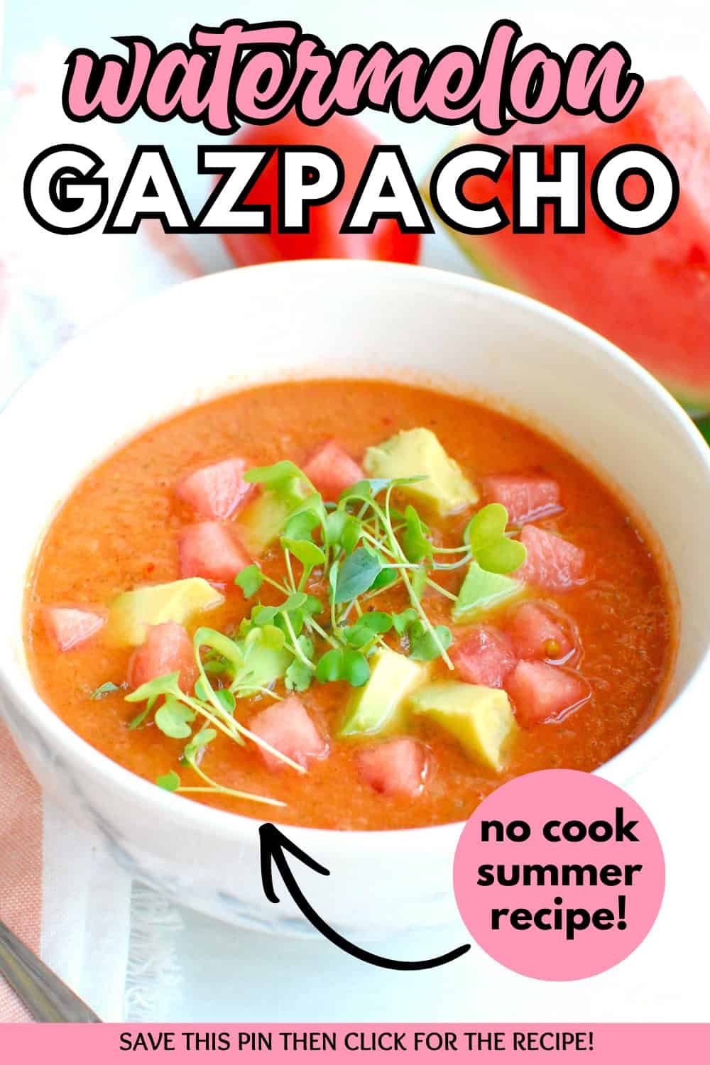 This watermelon gazpacho comes together in minutes with simple, fresh ingredients! It’s a great no cook summer recipe when you don’t want to turn on an oven. You’ll love this chilled soup that’s perfect for meal prep. 