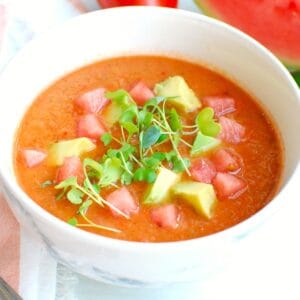 A white bowl filled with chilled watermelon gazpacho.