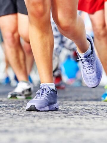 A group of runners competing in a destination road race.