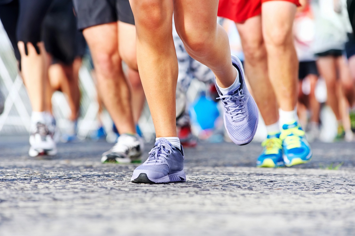 A group of runners competing in a destination road race.