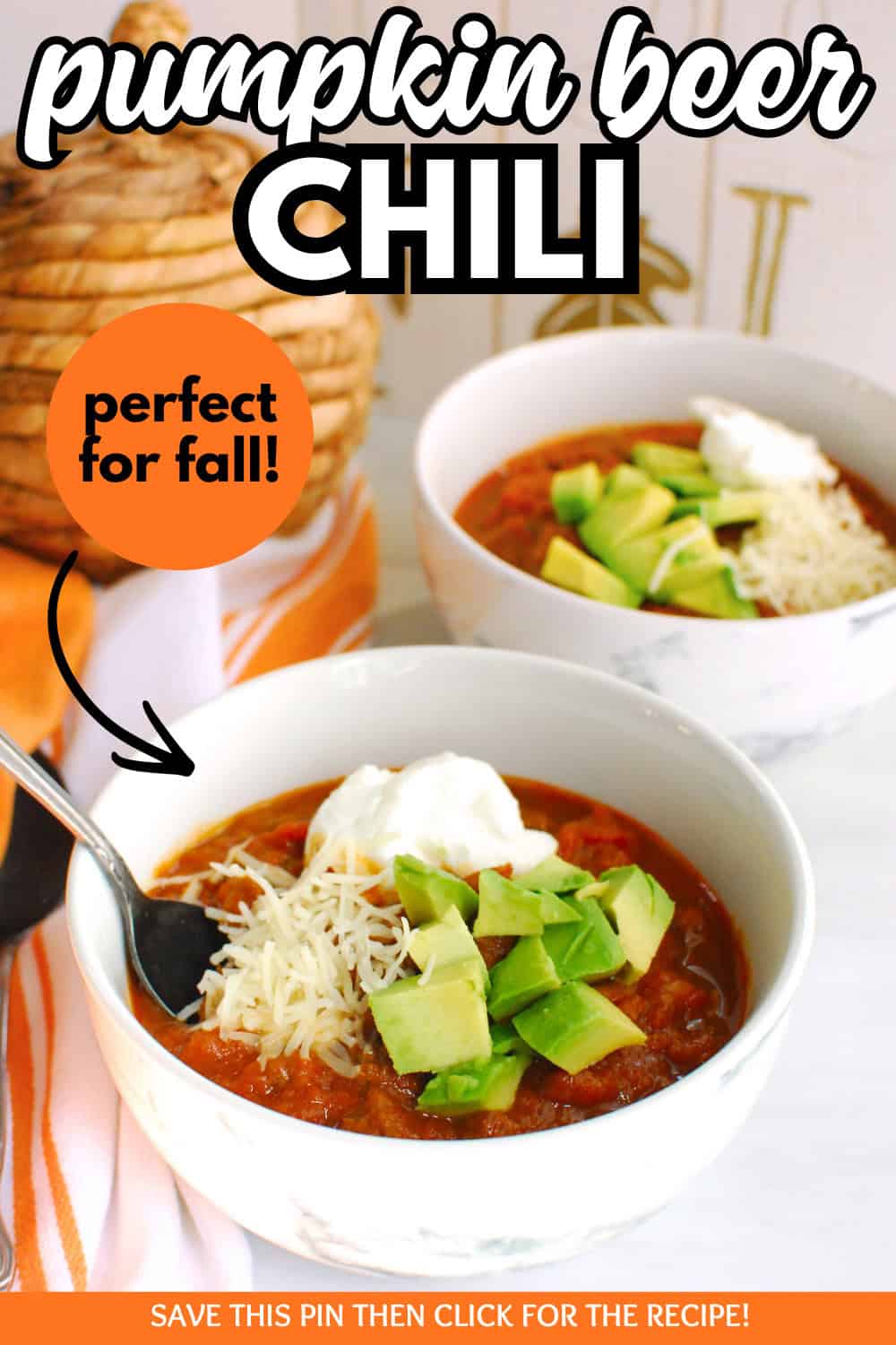 A bowl of pumpkin beer chili with a text overlay with the name of the recipe.