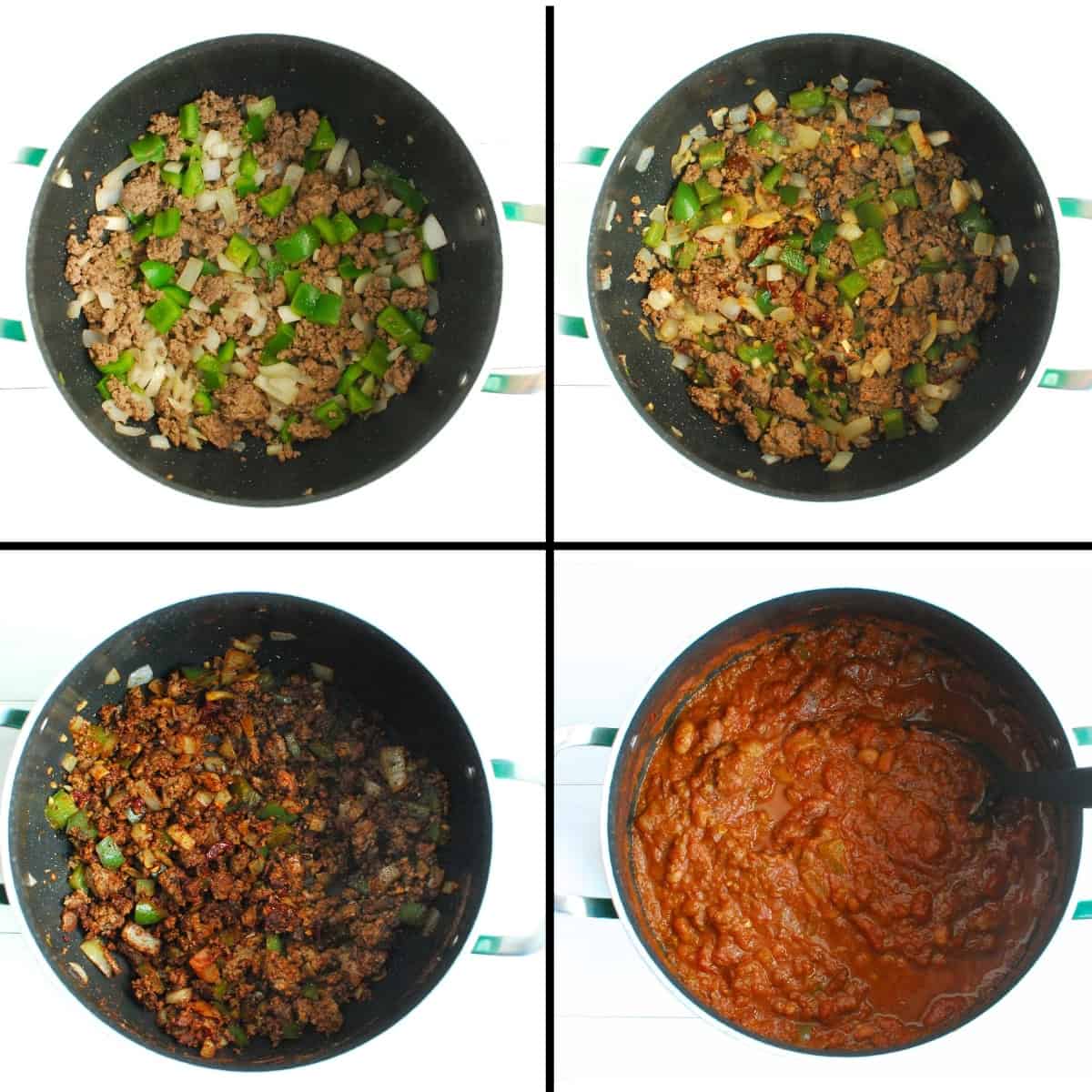 Process shots of the chili being made, starting with sautéing the beef and vegetables, then adding garlic, chipotles, and spices, then adding the remaining ingredients to simmer.