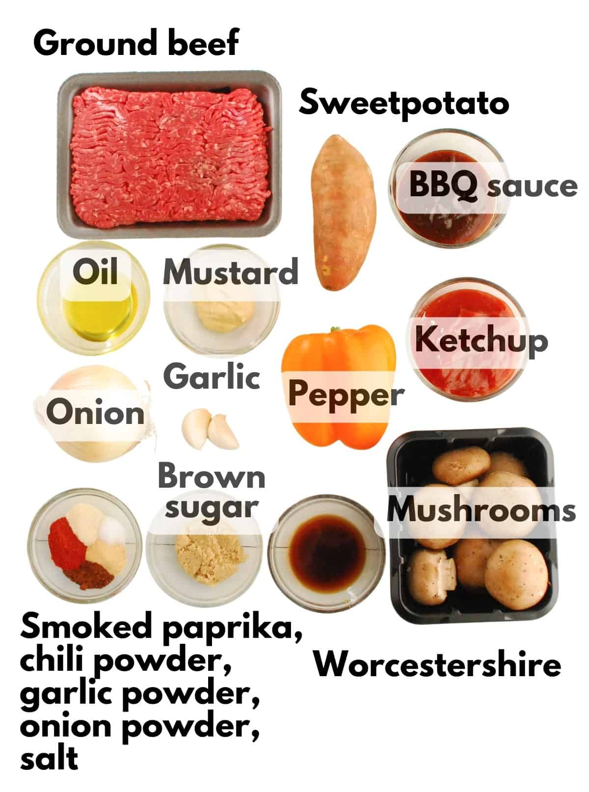 All of the ingredients for the sloppy joes on a white backdrop.