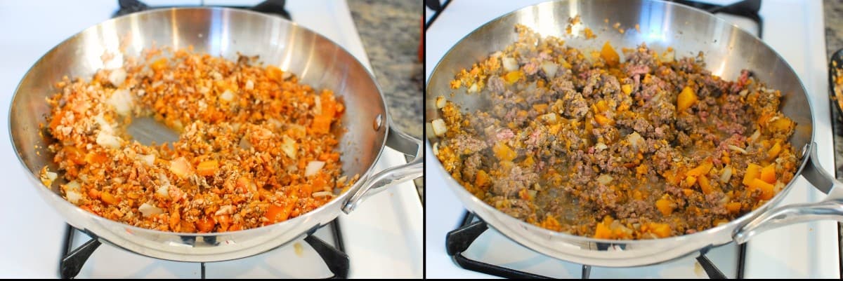 A collage showing the veggies cooking in the skillet then the beef added to the skillet.