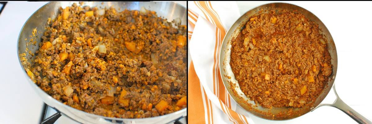 The sloppy joe mixture cooking on the stove and then the final mixture in the pan.