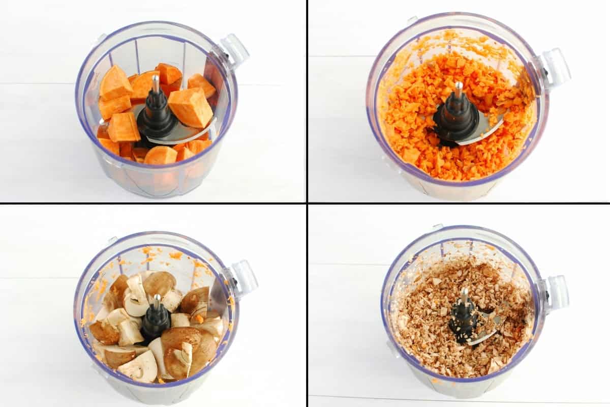 A collage showing the process of chopping the sweetpotatoes and mushrooms in the mini food processor.
