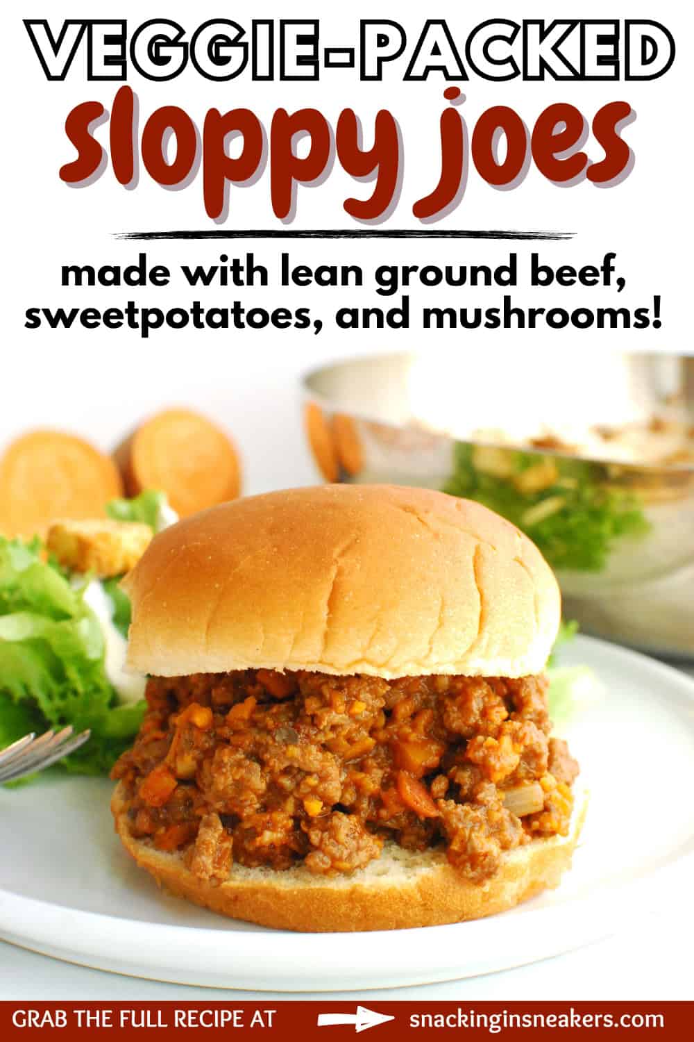 A beef and veggie sloppy joe with a text overlay with the name of the recipe.