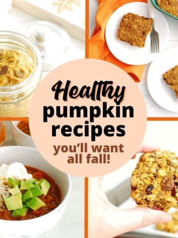 A collage of four healthy pumpkin recipes - overnight oats, baked oatmeal bars, chili, and breakfast cookies.