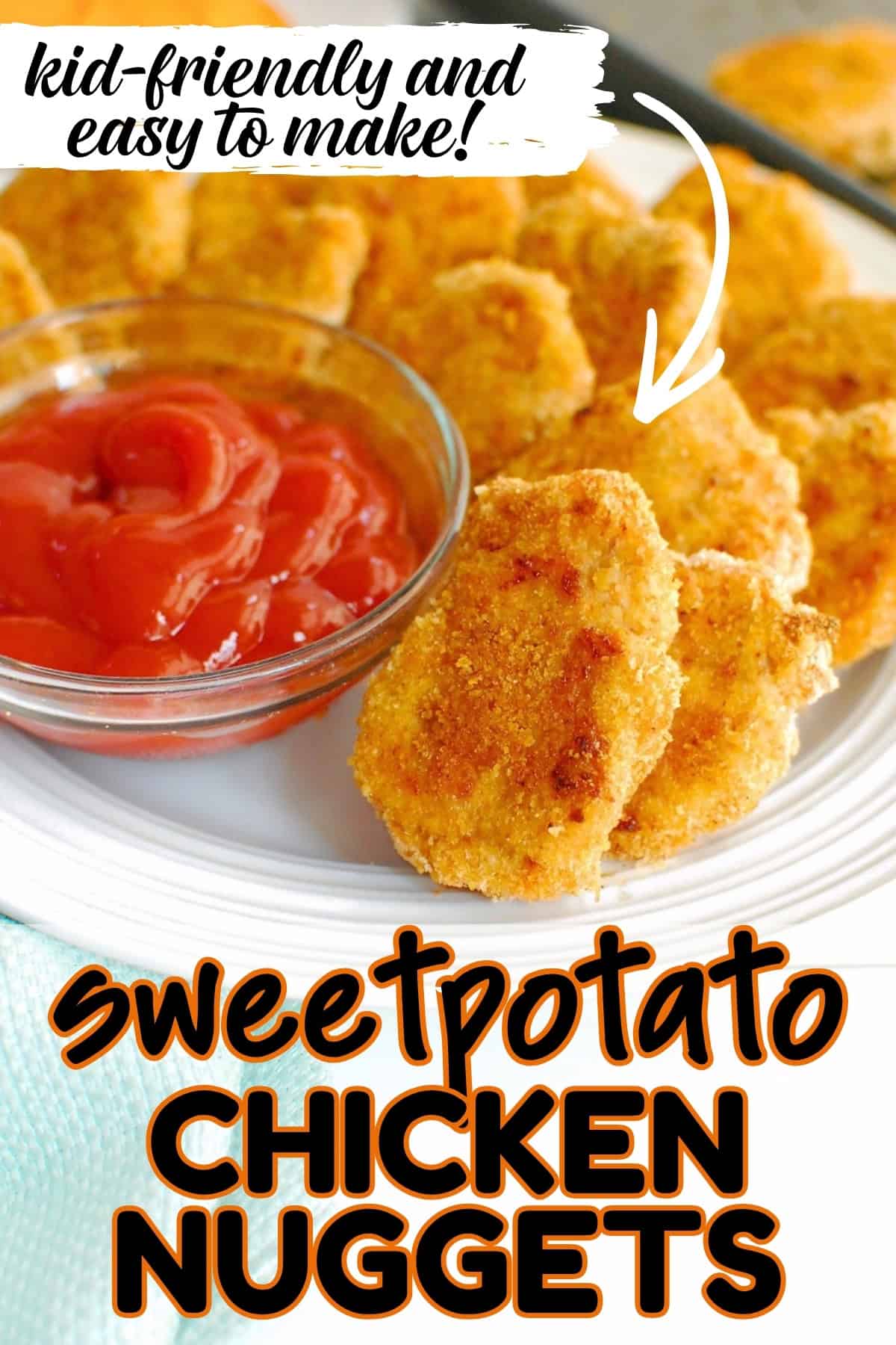 A plate of sweetpotato chicken nuggets next to a dipping sauce with a text overlay with the name of the recipe.