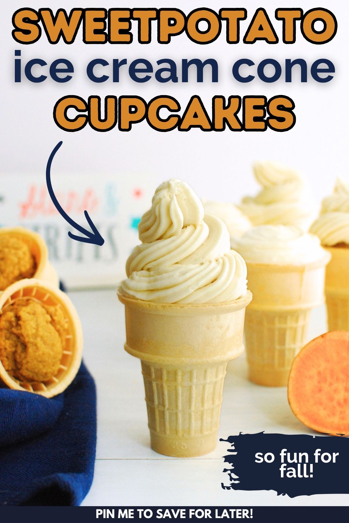 A sweetpotato ice cream cone cupcake with a text overlay with the name of the recipe.