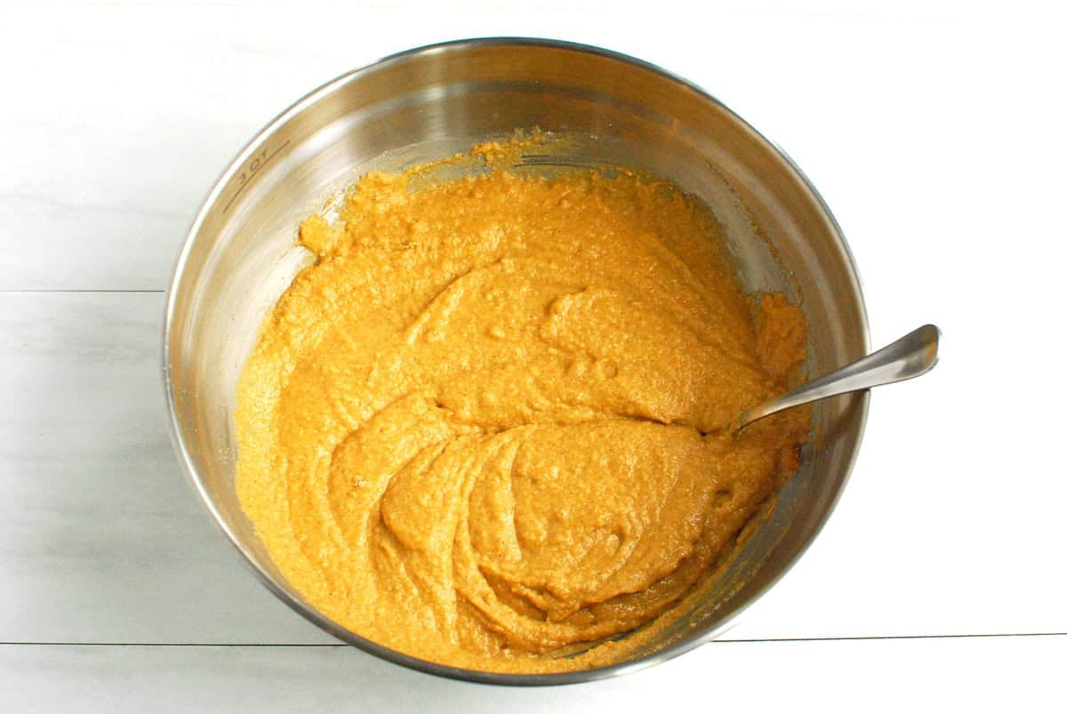 The sweetpotato cupcake batter in a silver bowl.