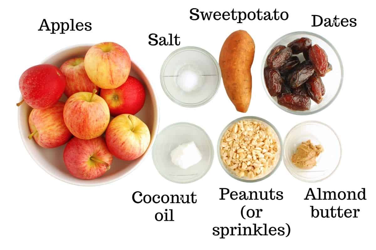 Apples, salt, coconut oil, sweetpotato, dates, almond butter, and peanuts, all on a white backdrop.