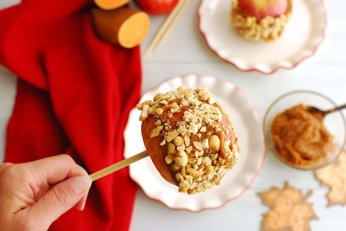 A hand holding the caramel apple coated in peanuts.
