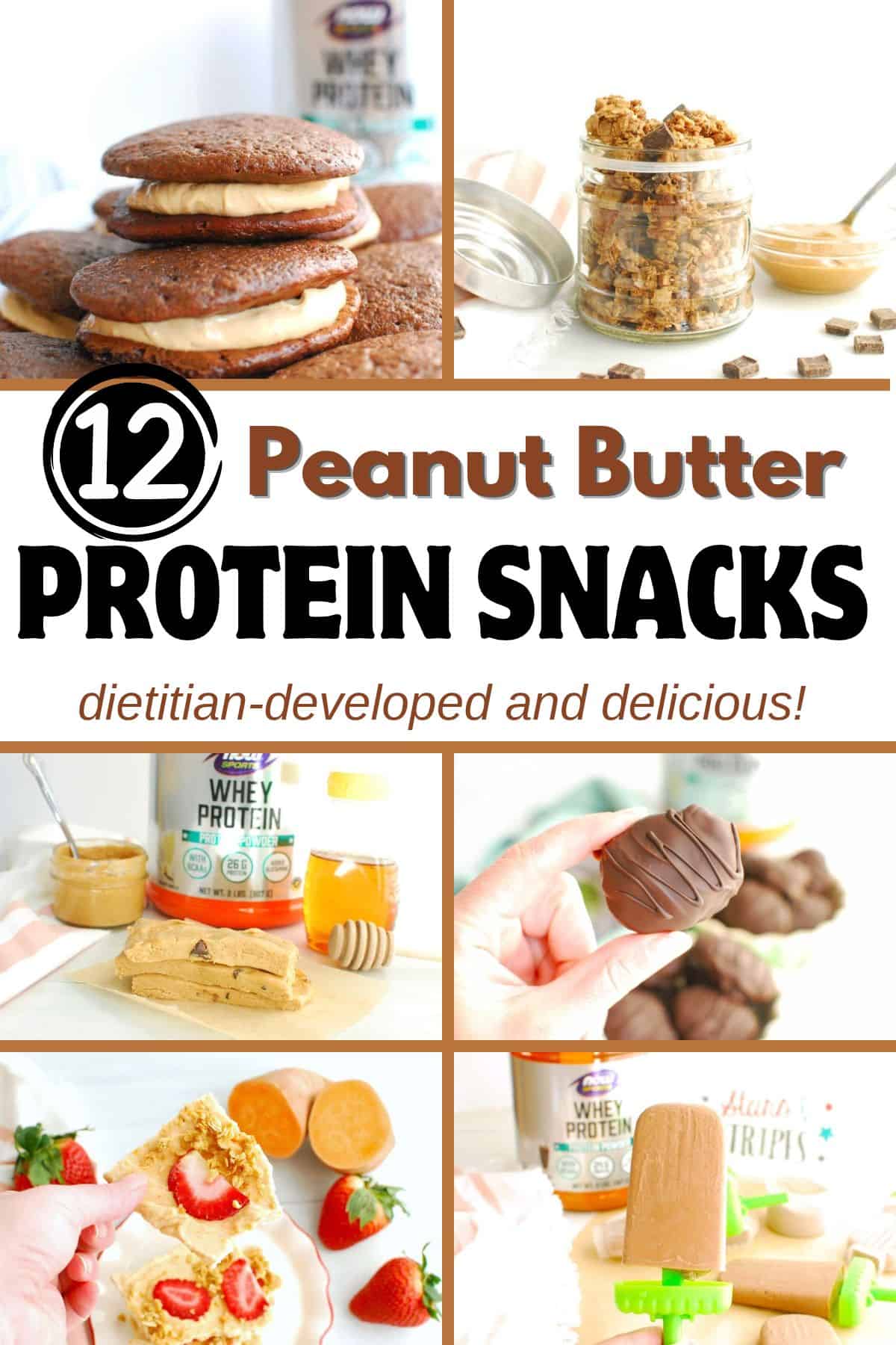 A collage of peanut butter protein snacks with a text overlay that reads 12 peanut butter protein snacks, dietitian-approved.
