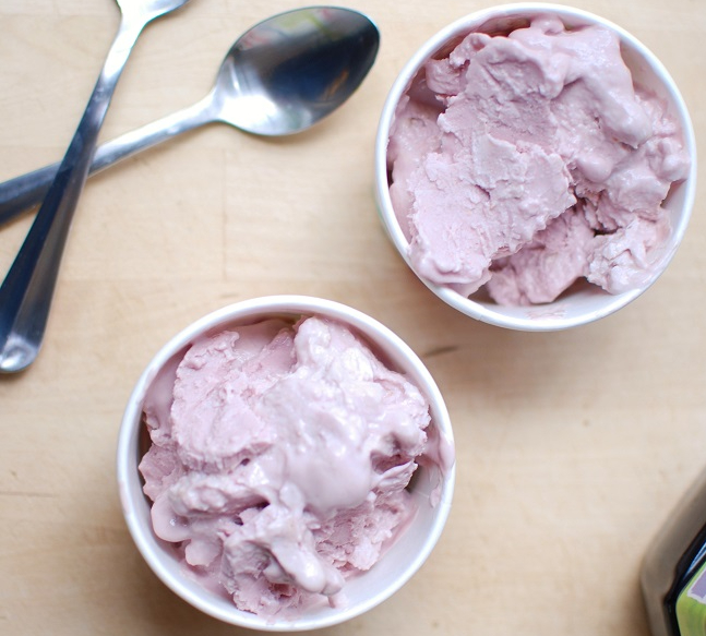 Peanut butter and jelly frozen yogurt in small cups.