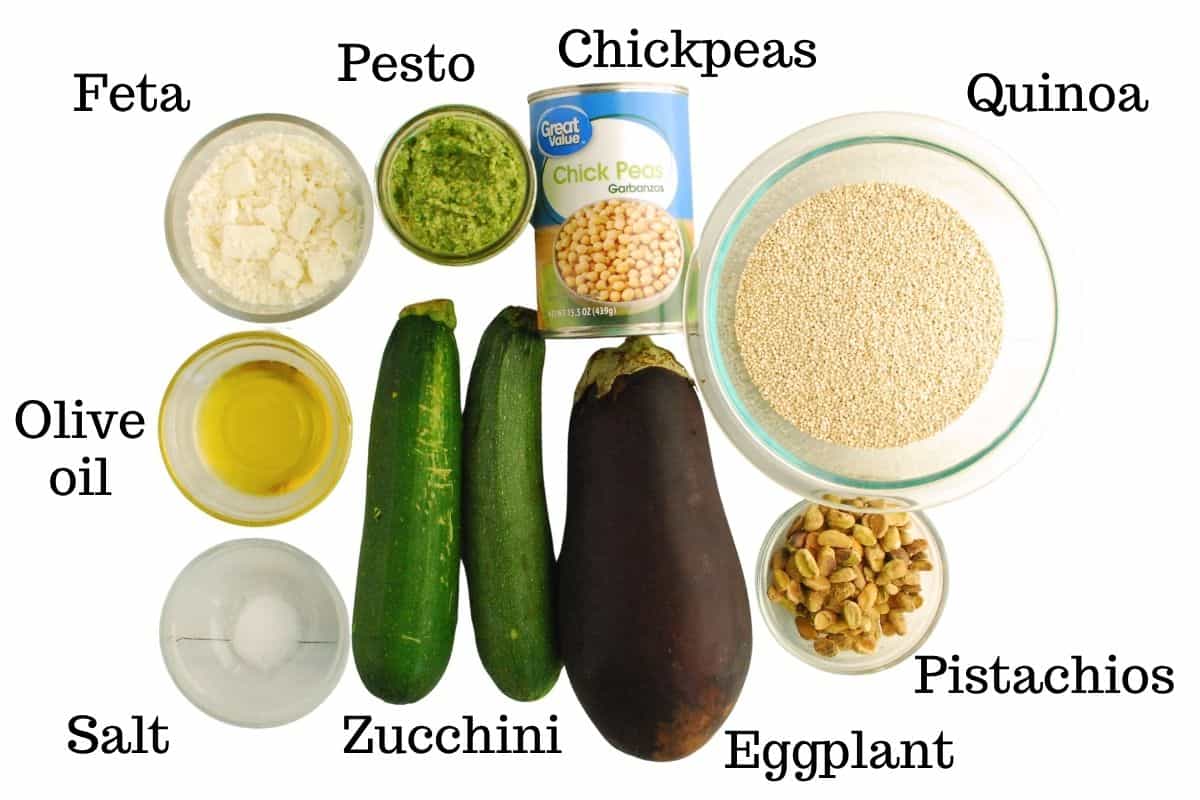 Zucchini, eggplant, feta, olive oil, chickpeas, quinoa, pistachios, salt, and pesto.
