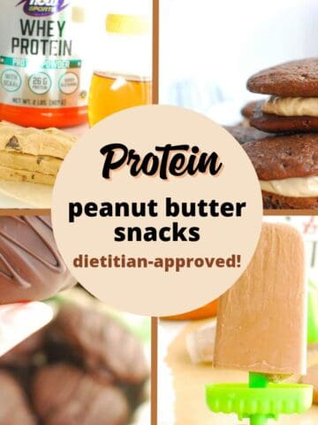 A collage of four peanut butter protein snacks - protein bars, whoopie pies, peanut butter eggs, and ice pops.