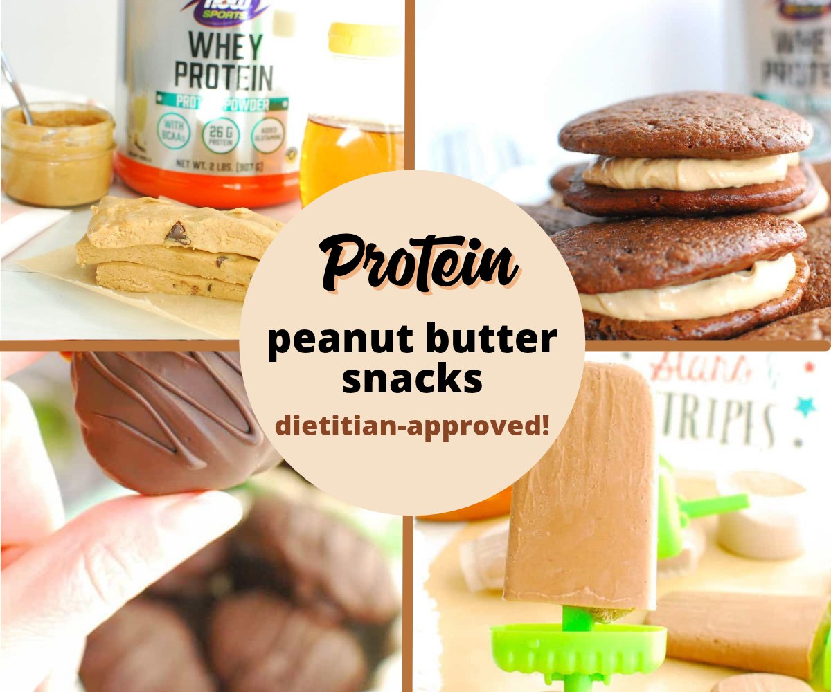 A collage of four peanut butter protein snacks - protein bars, whoopie pies, peanut butter eggs, and ice pops.
