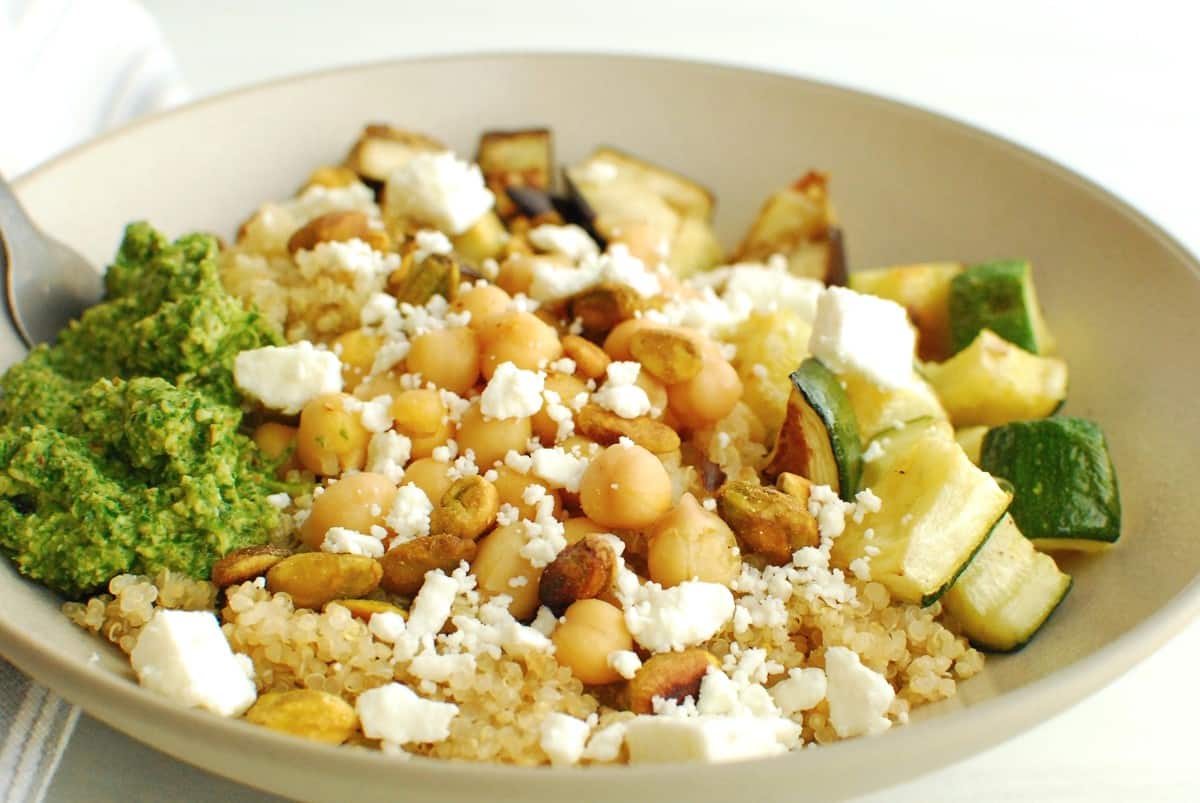 A close up of the chickpeas and feta in the quinoa bowl.